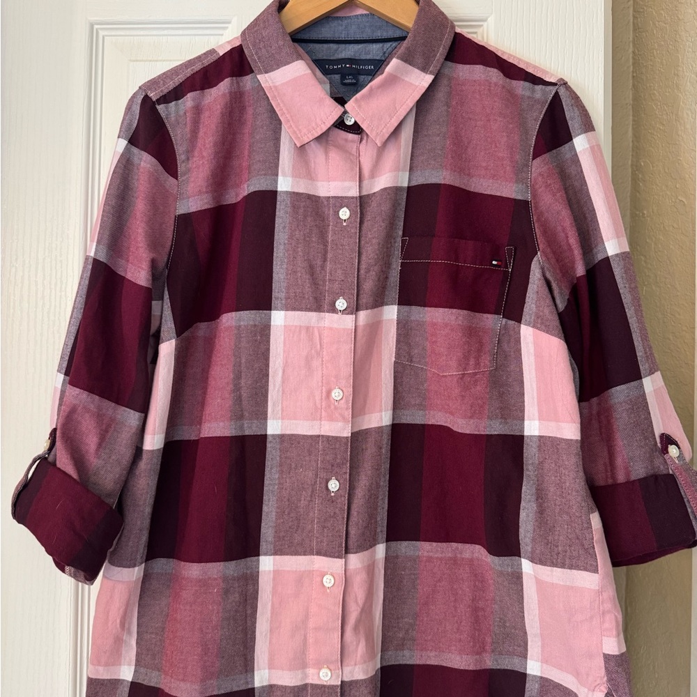 Tommy Hilfiger Pink & Burgundy Plaid Roll-Sleeve Shirt